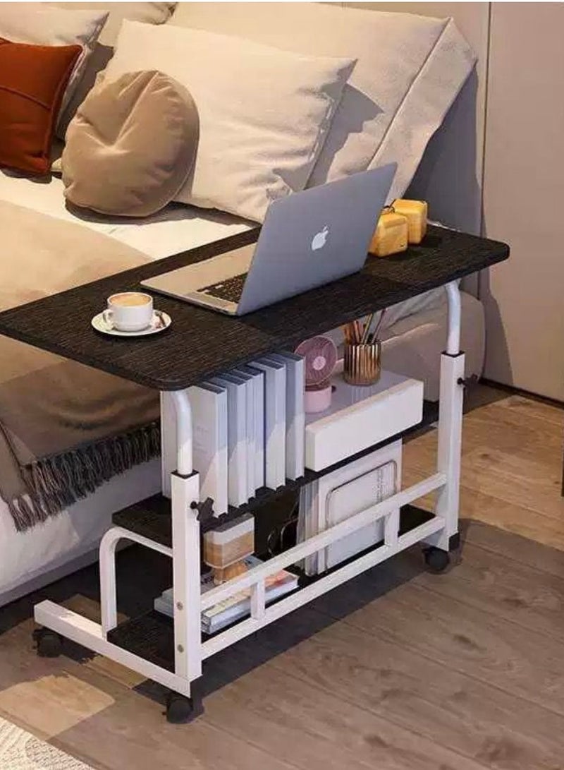 شي ون طاولة لابتوب متحركة من SHEE ONE بسطح خشبي ورفوف سفلية للتخزين | طاولة بجانب السرير أو الكنب | طاولة متعددة الاستخدامات للدراسة والطعام والقراءة بارتفاع قابل للتعديل | مزودة بعجلات متينة | الأبعاد: 85×60 سم و40×60 سم - Image 1