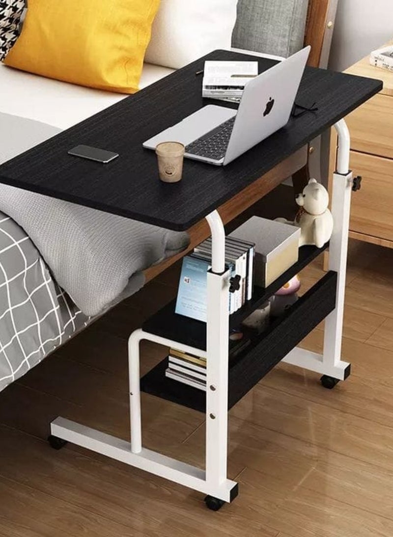 شي ون طاولة لابتوب متحركة من SHEE ONE بسطح خشبي ورفوف سفلية للتخزين | طاولة بجانب السرير أو الكنب | طاولة متعددة الاستخدامات للدراسة والطعام والقراءة بارتفاع قابل للتعديل | مزودة بعجلات متينة | الأبعاد: 85×60 سم و40×60 سم - Image 2