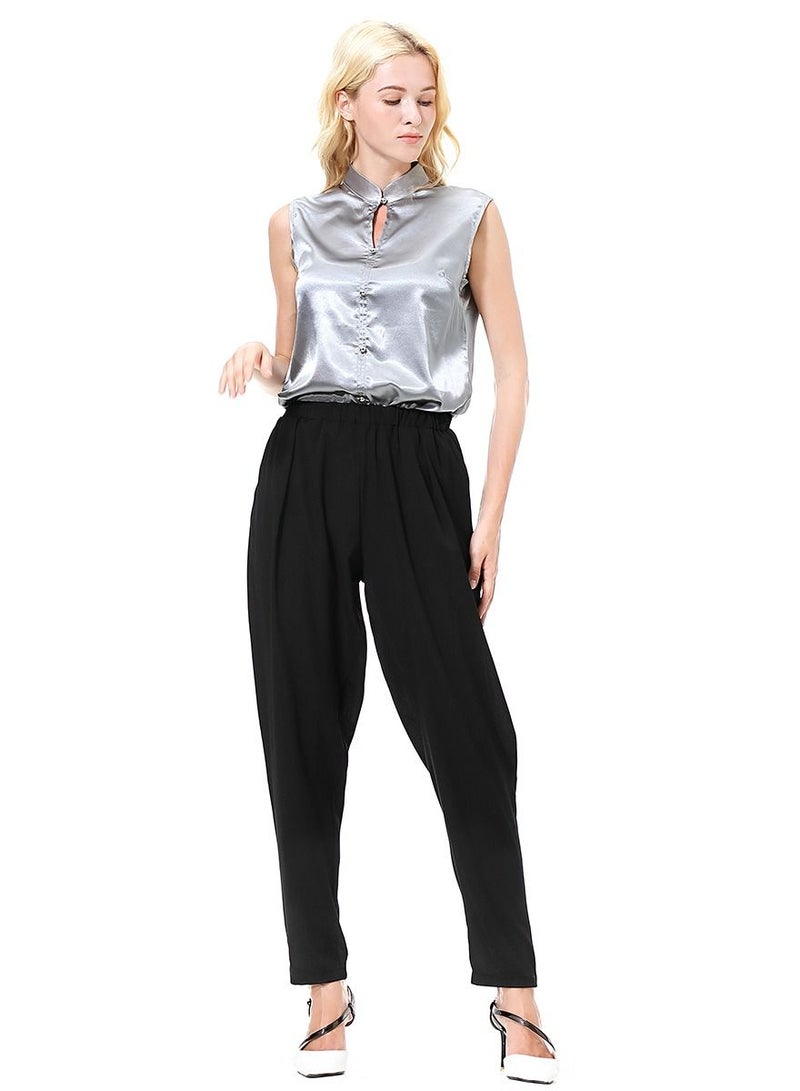 Loquat Women's Solid Color Elastic Waistband Harem Pants Comforty Loose Casual Pants Black  - Image 1