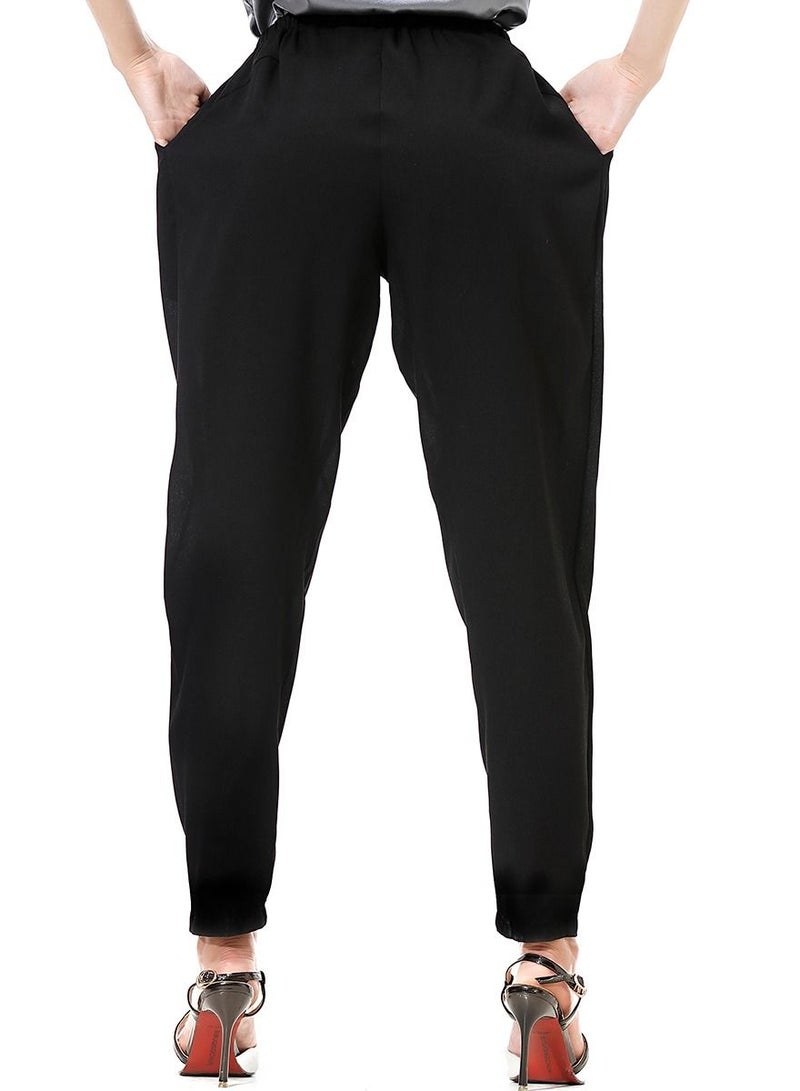 Loquat Women's Solid Color Elastic Waistband Harem Pants Comforty Loose Casual Pants Black  - Image 3