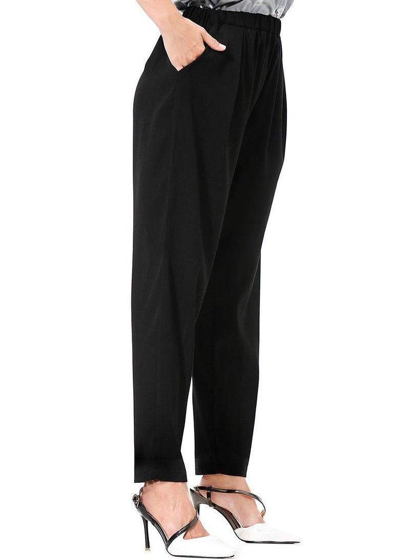 Loquat Women's Solid Color Elastic Waistband Harem Pants Comforty Loose Casual Pants Black  - Image 2