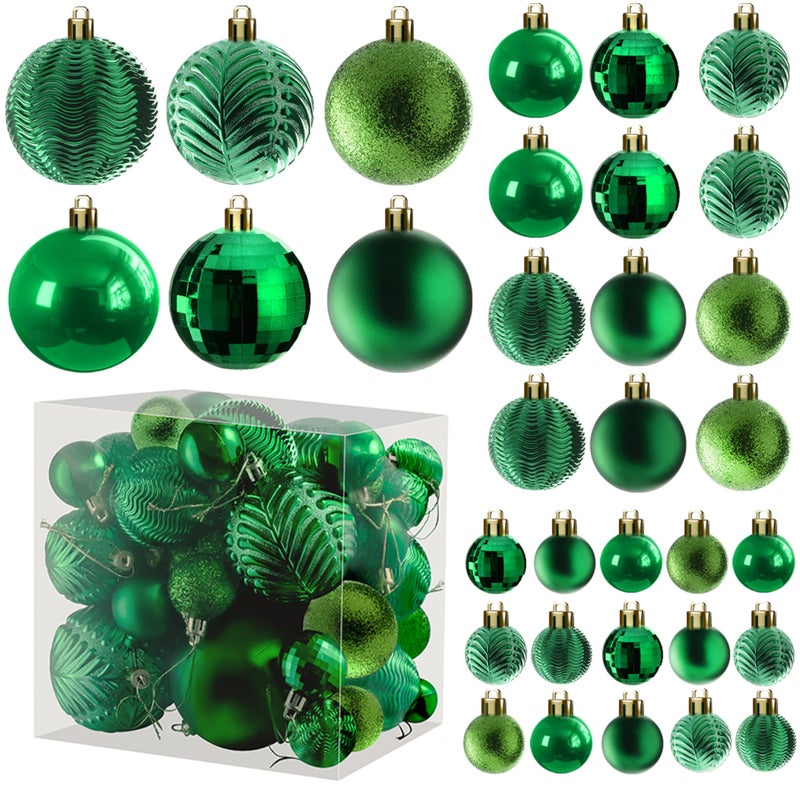 Prextex 36pc Shatterproof Green Christmas Balls Ornament Set - Festive Christmas Tree Ornaments in 3 Different Sizes and 6 Styles - Holiday Decoration with Hanging Loops for Tree, Wreath, Party Decor - Image 1