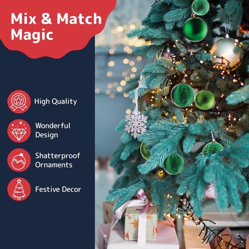 Prextex 36pc Shatterproof Green Christmas Balls Ornament Set - Festive Christmas Tree Ornaments in 3 Different Sizes and 6 Styles - Holiday Decoration with Hanging Loops for Tree, Wreath, Party Decor - Image 5