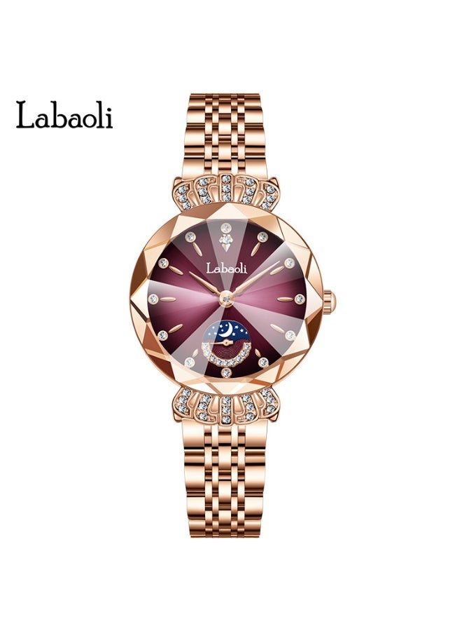 Labaoli Luxury Women Quartz Watch Moon‑Phase Sub‑Dial Rhinestone Rose Gold Steel Band Waterproof Fashion Wrist Watch - Image 1