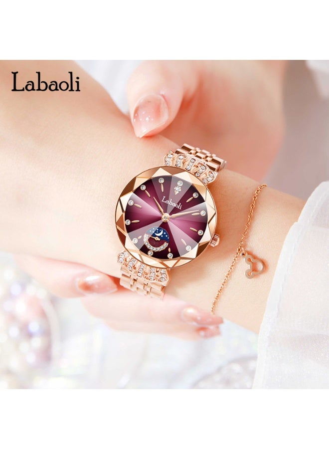 Labaoli Luxury Women Quartz Watch Moon‑Phase Sub‑Dial Rhinestone Rose Gold Steel Band Waterproof Fashion Wrist Watch - Image 2