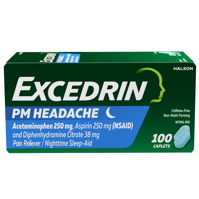 EXCEDRIN إكستدرين بي إم مسكن آلام مع مسكن للصداع أقراص ليلية للصداع والأرق - 100 حبة - Image 1