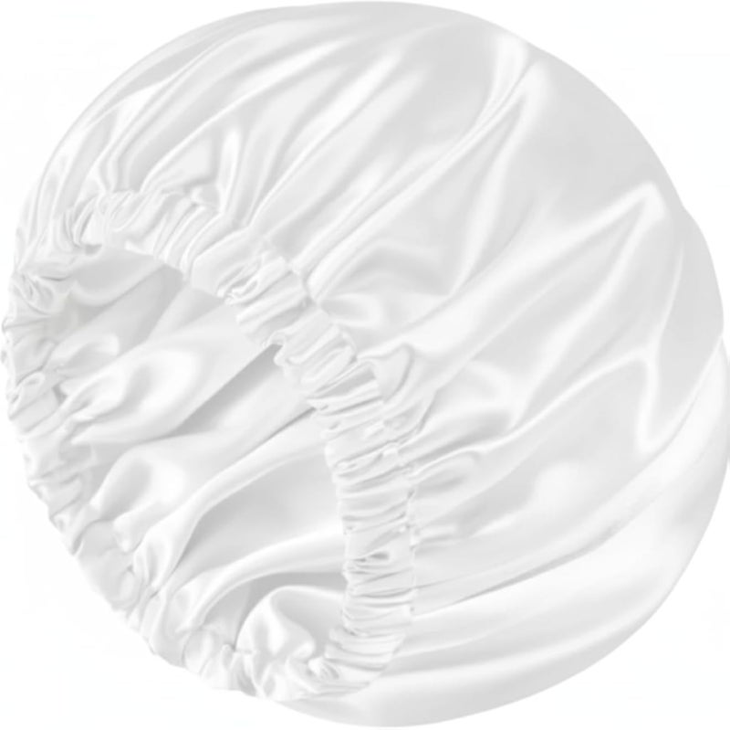 MZ Luxury Double-Layer Satin Shower Cap, Makeup Bonnet with Elastic Band, white