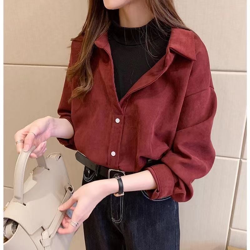 Autumn Winter Mock-Layered Long Sleeve Shirt Yellow fabric - Image 2