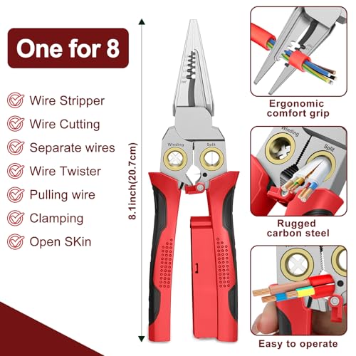 GADO Pro 8-in-1 Wire Crimper Stripper with Voltage Detector & Dual Alarms - Heavy Duty 12-250V AC/DC Tester for Hot/Neutral Wires - Electrician, HVAC, Car Repair Tool (Red) - Image 3