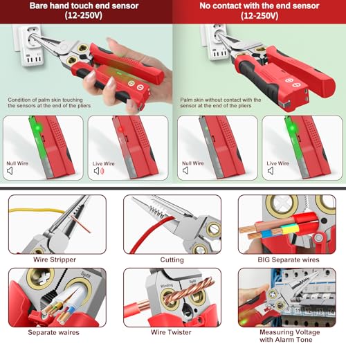 GADO Pro 8-in-1 Wire Crimper Stripper with Voltage Detector & Dual Alarms - Heavy Duty 12-250V AC/DC Tester for Hot/Neutral Wires - Electrician, HVAC, Car Repair Tool (Red) - Image 4