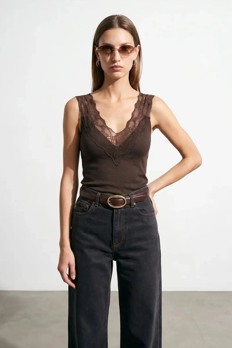 Dilvin Coffee Brown DILVIN Fitted Sleeveless Lace Blouse for Women | Best Price UAE