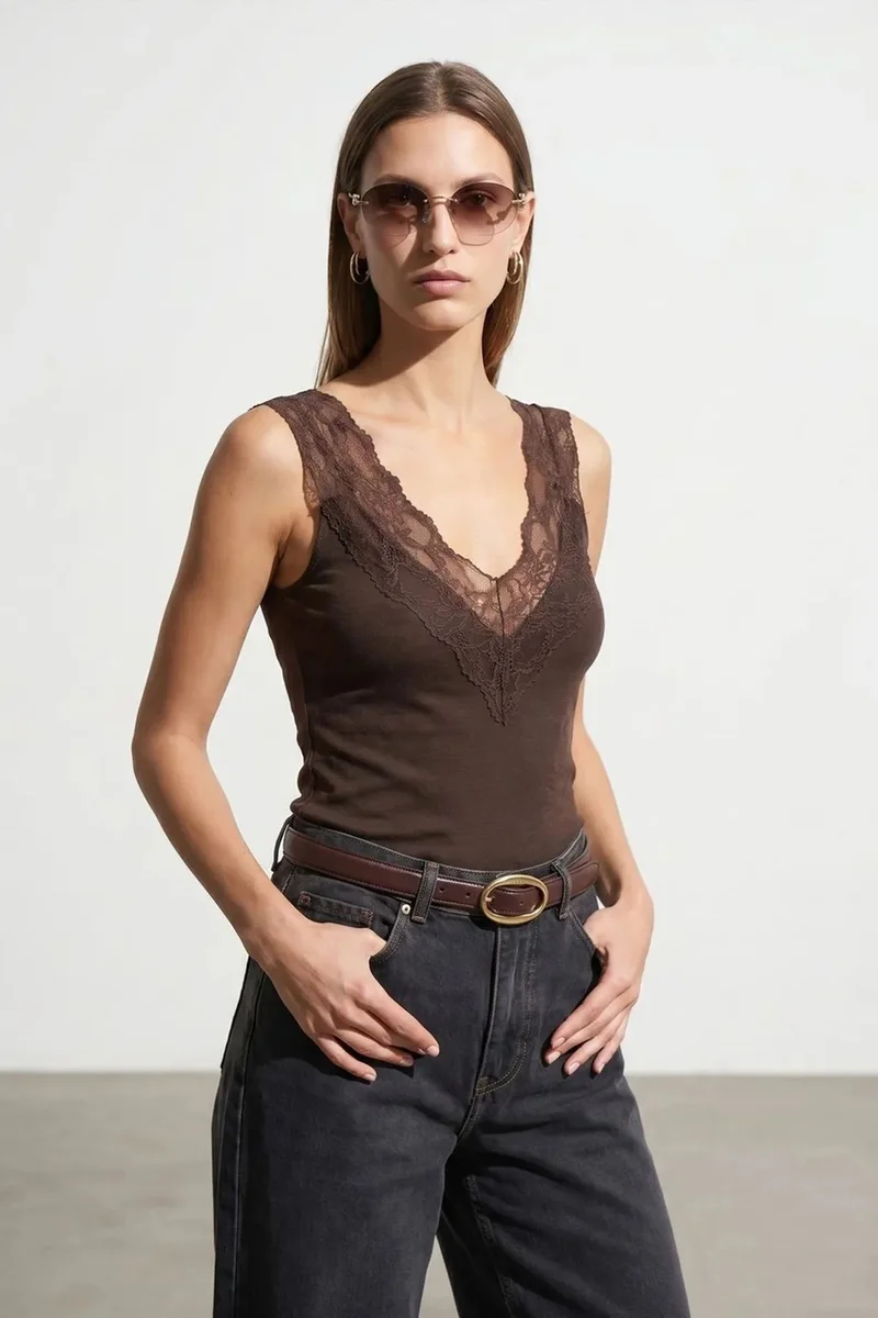 Dilvin Coffee Brown DILVIN Fitted Sleeveless Lace Blouse for Women | Best Price UAE