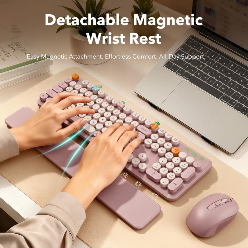 SABLUTE Wireless Keyboard and Mouse Combo, Full-Size Typewriter-Style Keyboard with Round Keycaps, Magnetic Wrist Rest, Tilt Legs, 2.4GHz Cordless for Mac, Windows PC, Laptop, SABLUTE CK23, Dusty Rose - Image 2