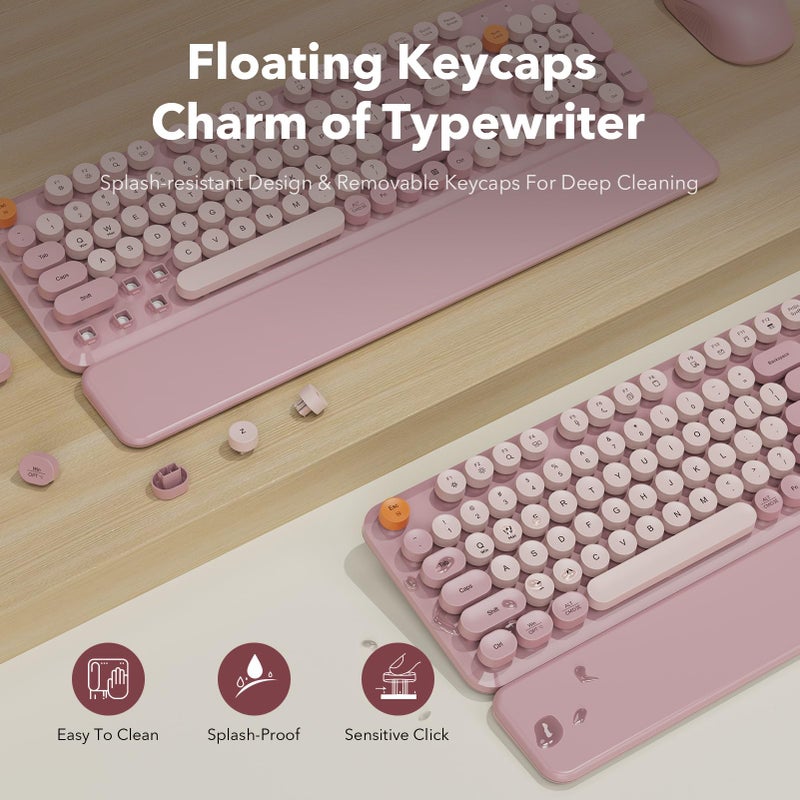 SABLUTE Wireless Keyboard and Mouse Combo, Full-Size Typewriter-Style Keyboard with Round Keycaps, Magnetic Wrist Rest, Tilt Legs, 2.4GHz Cordless for Mac, Windows PC, Laptop, SABLUTE CK23, Dusty Rose - Image 4