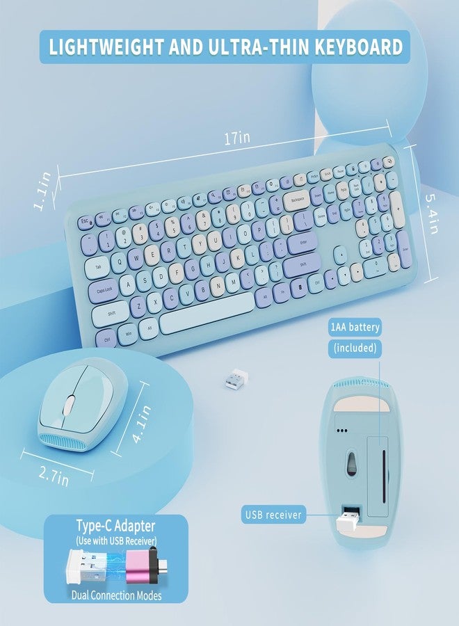 SkyGive Wireless Keyboard and Mouse Combo, Colorful Ergonomic Full Size Retro Low-Noise Keyboard with Cute keycaps, Compatible with Windows, PC, Perfer for Home and Office Keyboards (Blue) - Image 4