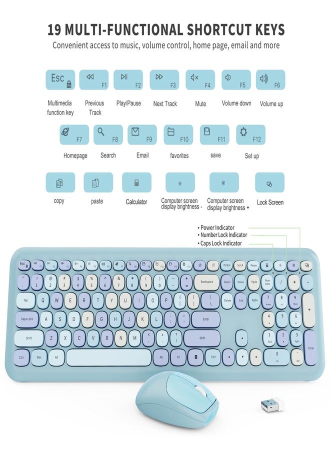 SkyGive Wireless Keyboard and Mouse Combo, Colorful Ergonomic Full Size Retro Low-Noise Keyboard with Cute keycaps, Compatible with Windows, PC, Perfer for Home and Office Keyboards (Blue) - Image 3