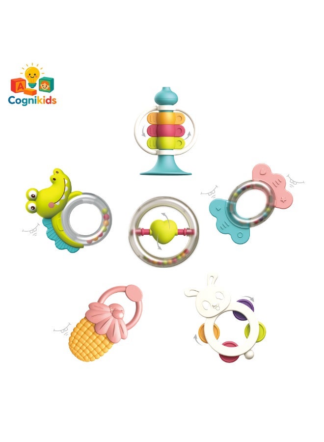 COGNIKIDS طقم جرس وعضاضة للأطفال (6 قطع) - ألعاب عضاضة ناعمة خالية من BPA مع أجراس يدوية، حلقات قبض، وأشكال حيوانات | لعبة تطوير الحواس للرضع من 0-12 شهرًا - Image 1
