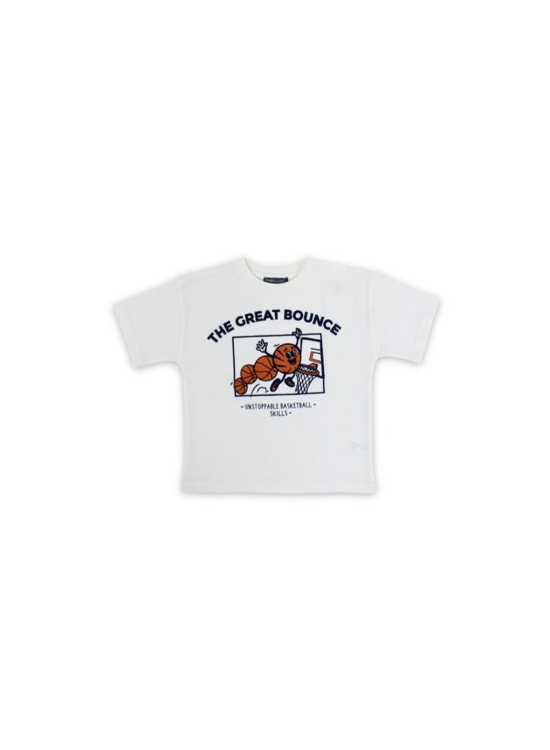Pompelo Boys Cotton T-Shirt – Off-White with "The Great Bounce" Print - Image 1