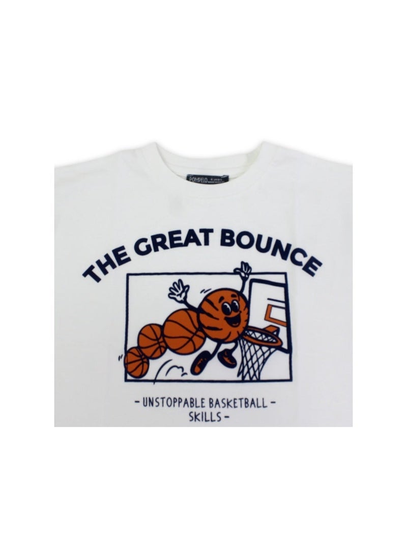 Pompelo Boys Cotton T-Shirt – Off-White with "The Great Bounce" Print - Image 3