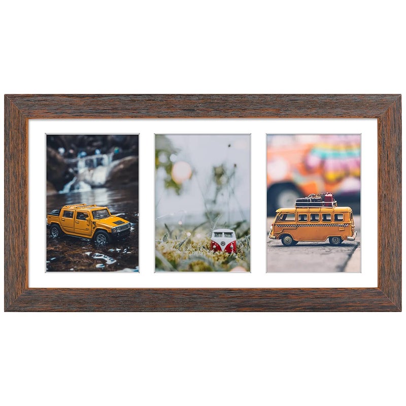 Golden State Art Golden State Art 7x14 Distressed Brown Wood Frame  3Opening White Mat for 4x6 Pictures  Portrait or Landscape Wall Mounting  Sturdy and Easy to Install  Real Glass 