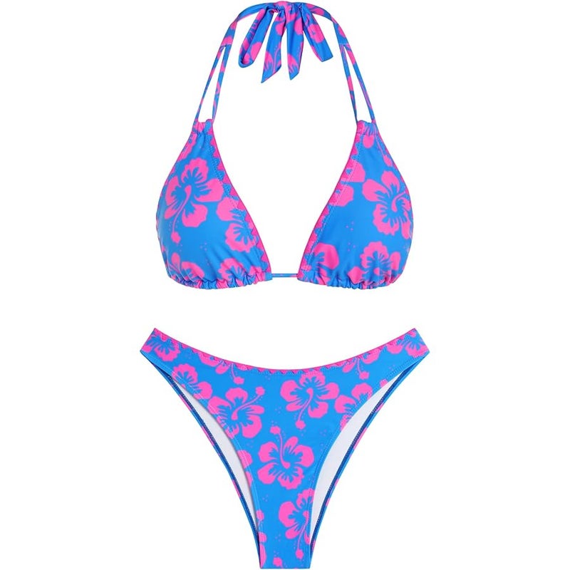 ZAFUL Bikini Sets for Women Halter Dual Straps Whip Stitch Floral Print Triangle 2 Pieces Bikini Swimsuits - Image 2