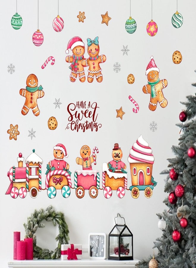 Mfault Have A Sweet Christmas Gingerbread Man Train Wall Decals Stickers, Pink Xmas Cookie Snowflake Decorations Bedroom Art, Winter Holiday Balls Peppermint Candy Cane Home Kitchen Decor - Image 1