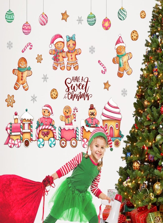 Mfault Have A Sweet Christmas Gingerbread Man Train Wall Decals Stickers, Pink Xmas Cookie Snowflake Decorations Bedroom Art, Winter Holiday Balls Peppermint Candy Cane Home Kitchen Decor - Image 3
