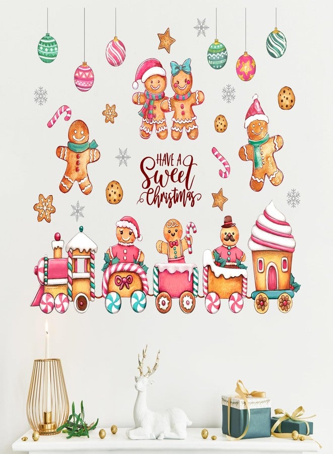 Mfault Have A Sweet Christmas Gingerbread Man Train Wall Decals Stickers, Pink Xmas Cookie Snowflake Decorations Bedroom Art, Winter Holiday Balls Peppermint Candy Cane Home Kitchen Decor - Image 4