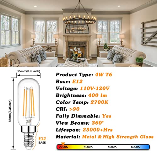 Brightever E12 Edison LED Light Bulbs 40 Watt Equivalent Candelabra, Dimmable 2700K Warm White T6 Clear LED Bulbs 4W 400lm Vintage T25 for Chandelier Ceiling Fan, Tubular Small Filament Bulbs, 6 Packs - Image 3