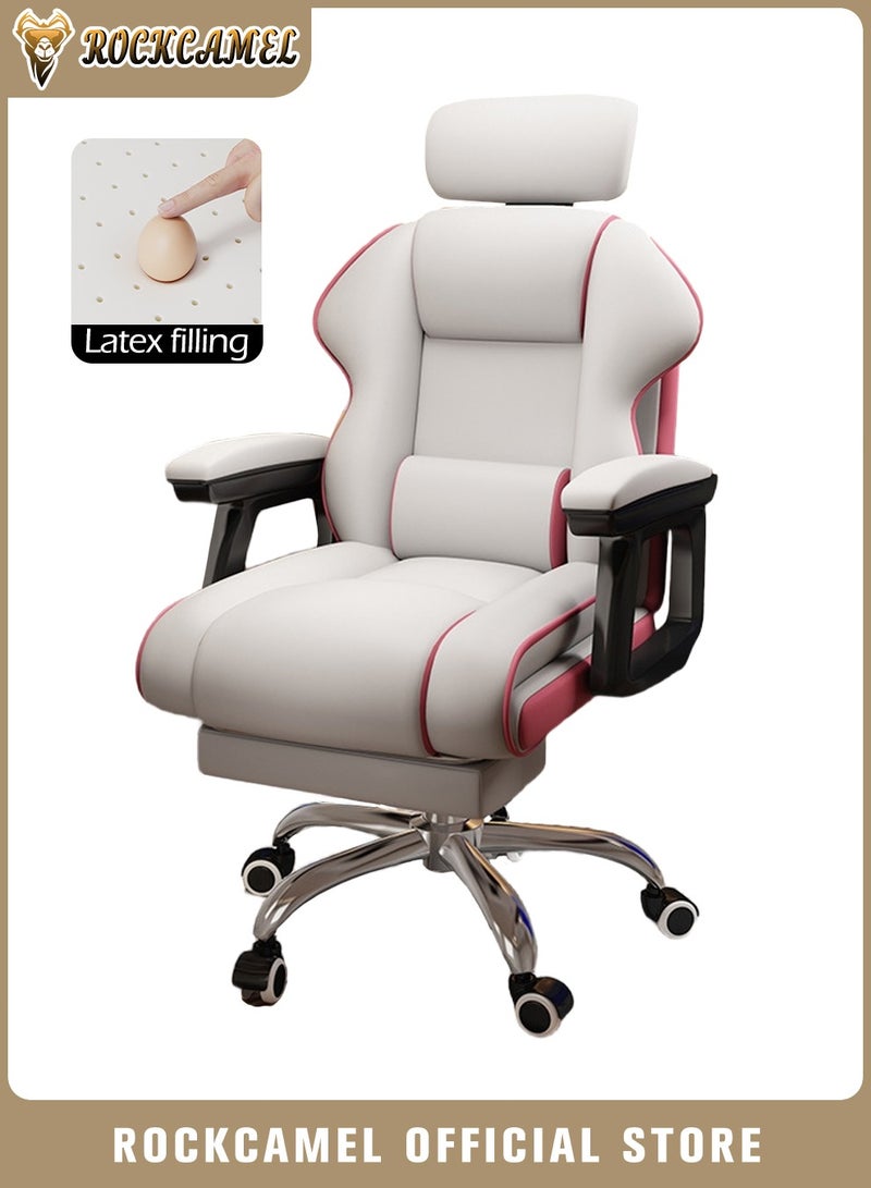 ROCKCAMEL كرسي ألعاب / كرسي كمبيوتر / كرسي مكتب مع مسند قدم قابل للسحب، بطانة لاتكس عالية الارتداد، جلد بولي يوريثين، تصميم مريح مع دعم قطني ورقبة، تعديل الارتفاع ومسند الظهر، قاعدة عجلات فولاذية صامتة، مناسب للمنزل أو المكتب - Image 1
