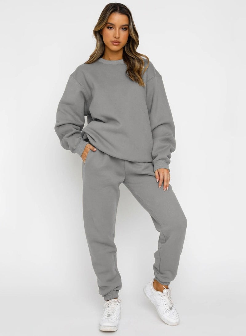 NIBEMINENT Solid Casual Two-piece Set, Long Sleeve Crew Neck Sweatshirt & Drawstring Waist Jogger Pants Outfits, Women's Clothing  - Image 3