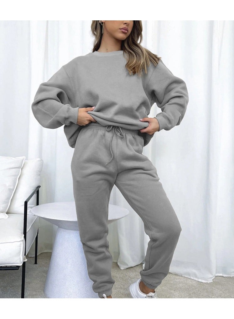 NIBEMINENT Solid Casual Two-piece Set, Long Sleeve Crew Neck Sweatshirt & Drawstring Waist Jogger Pants Outfits, Women's Clothing  - Image 1
