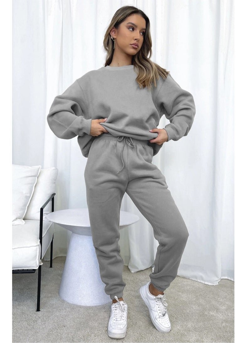 NIBEMINENT Solid Casual Two-piece Set, Long Sleeve Crew Neck Sweatshirt & Drawstring Waist Jogger Pants Outfits, Women's Clothing  - Image 2