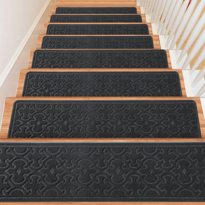 FlowaFoli 15Pcs Stair Treads for Wooden Steps With Self Adhesive, 8"x30" Non Slip Stair Runners-Peel & Stick Indoor Stair Carpet Runner, Resistant Runner for Kids, Elders and Pets, Black - Image 1