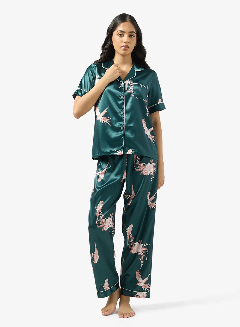 Ginger Satin Floral Button Up Pyjama Set - Image 1