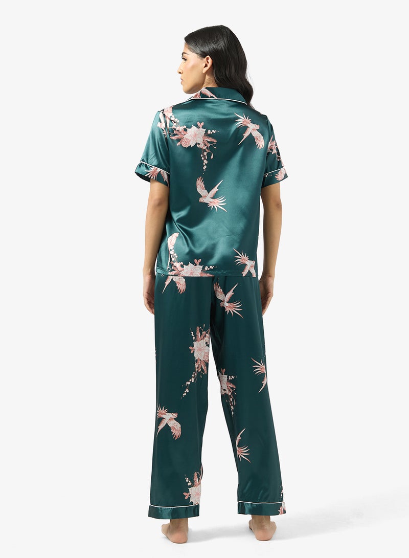Ginger Satin Floral Button Up Pyjama Set - Image 2