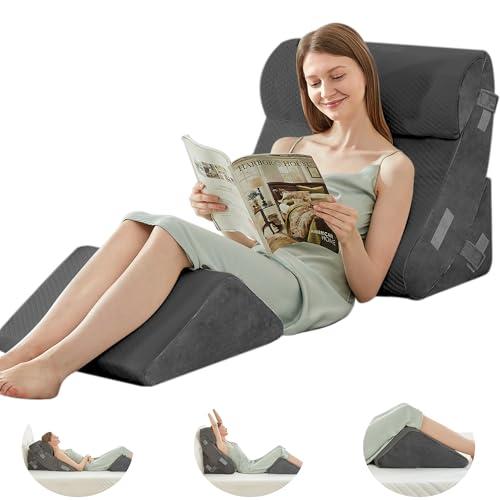 BDEUS 4PCS Bed Wedge Pillow Post Surgery, Orthopedic Sleeping Wedge Pillow Set for Back, Neck and Leg Pain Relief, Acid Reflux, GERD, Memory Foam Support Pillows for After Surgery, Grey - Image 1