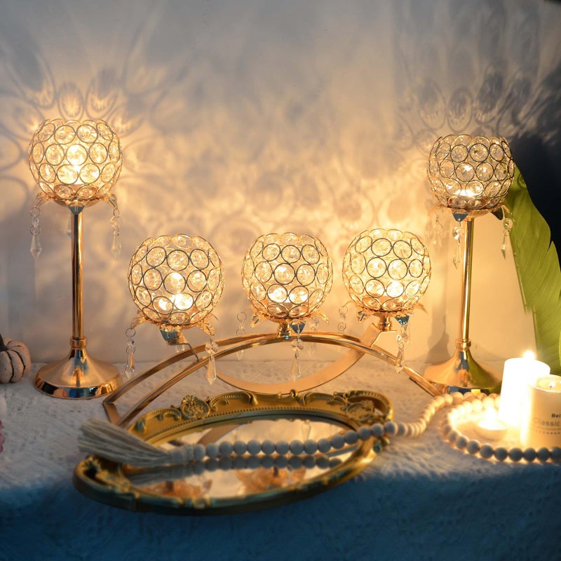 Kehail Set of 3 Gold Crystal Tea Light Candlestick Holders Flower Shape with Crystal Pendant Bowl Votive Metal Candle Holder for Table Centerpieces Wedding Home Decor (Set of 3, Gold) - Image 4