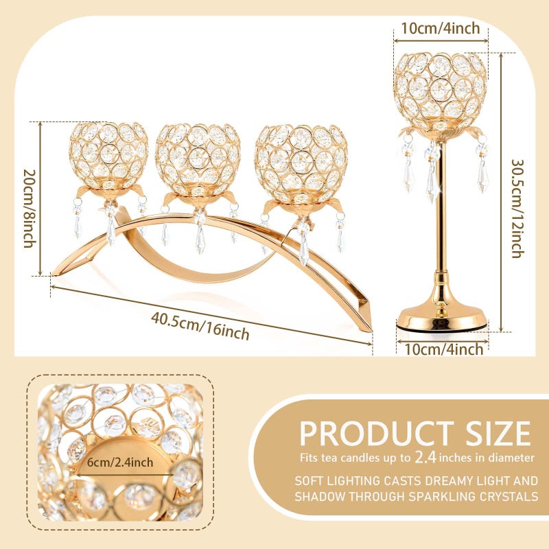 Kehail Set of 3 Gold Crystal Tea Light Candlestick Holders Flower Shape with Crystal Pendant Bowl Votive Metal Candle Holder for Table Centerpieces Wedding Home Decor (Set of 3, Gold) - Image 2