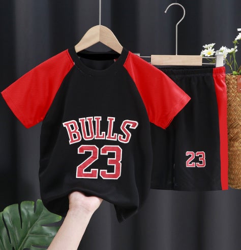 2024 Kids Summer Sports Jersey Set Boys Short Sleeve Vest Shorts PA -- red sleeve black No. 23 