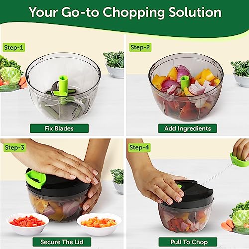 Fackelmann Vegetable Chopper for Kitchen use with 3 Stainless Steel Ultra Sharp Blade | Rust - Resistant | Safe Lid Lock | Long Lasting Nylon String | Anti-Spill Lid - 650Ml, Black and Green - Image 4