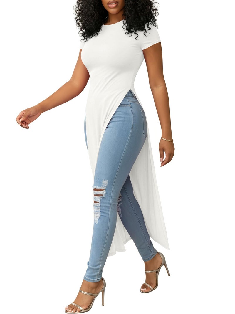 OPOIPIN Women's Crew Neck Split Slit Hem Short Sleeve Slim Fit Blouse Long Shirt Tunic Top Solid White Medium - Image 3