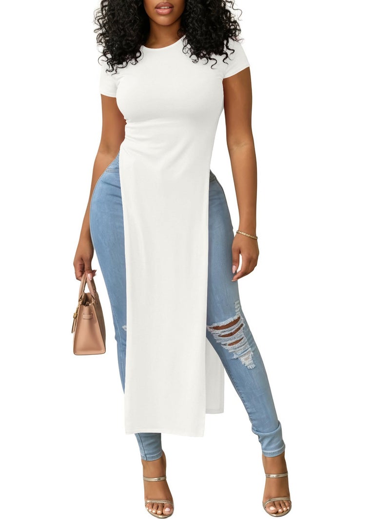 OPOIPIN Women's Crew Neck Split Slit Hem Short Sleeve Slim Fit Blouse Long Shirt Tunic Top Solid White Medium - Image 1