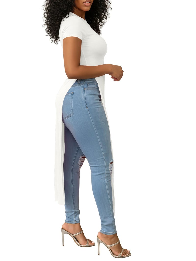 OPOIPIN Women's Crew Neck Split Slit Hem Short Sleeve Slim Fit Blouse Long Shirt Tunic Top Solid White Medium - Image 4
