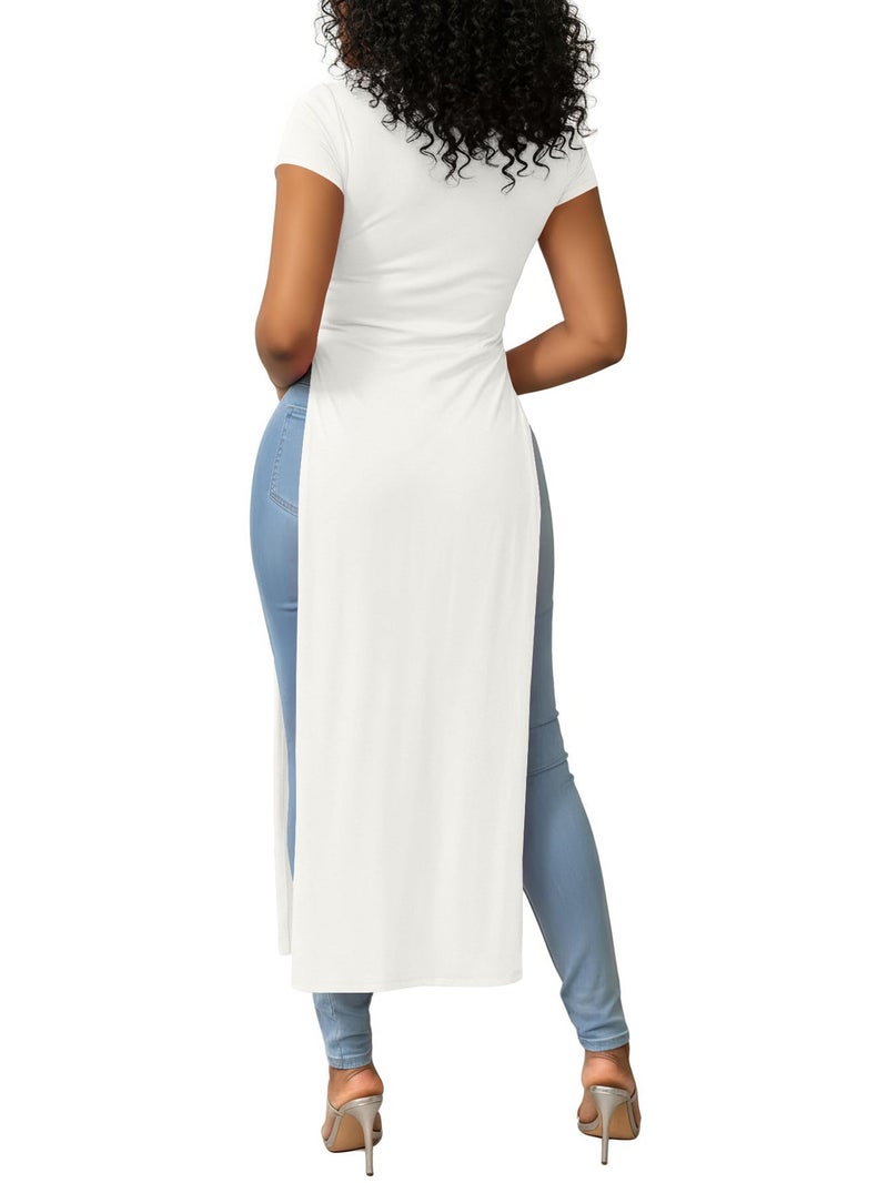 OPOIPIN Women's Crew Neck Split Slit Hem Short Sleeve Slim Fit Blouse Long Shirt Tunic Top Solid White Medium - Image 5