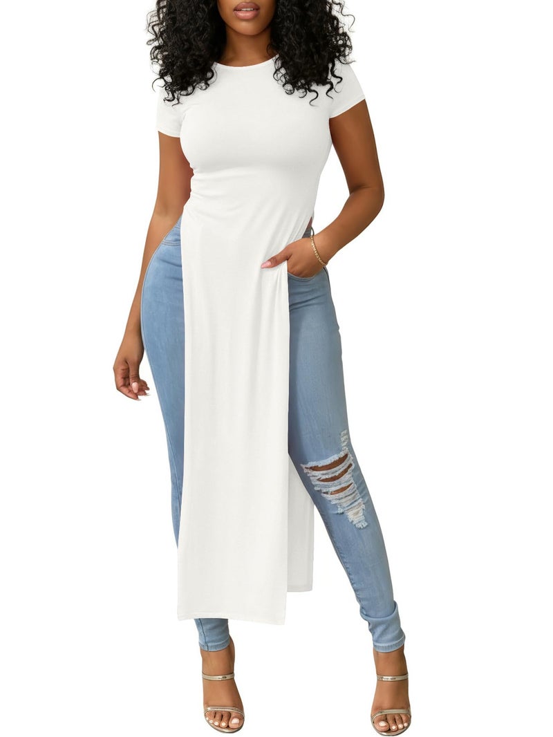 OPOIPIN Women's Crew Neck Split Slit Hem Short Sleeve Slim Fit Blouse Long Shirt Tunic Top Solid White Medium - Image 2