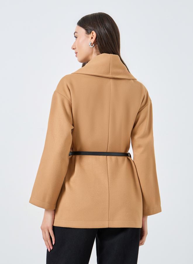 Take Two Mustard Wool Like Belted Wrap Coat - Image 5