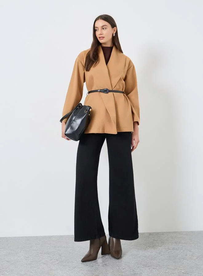 Take Two Mustard Wool Like Belted Wrap Coat