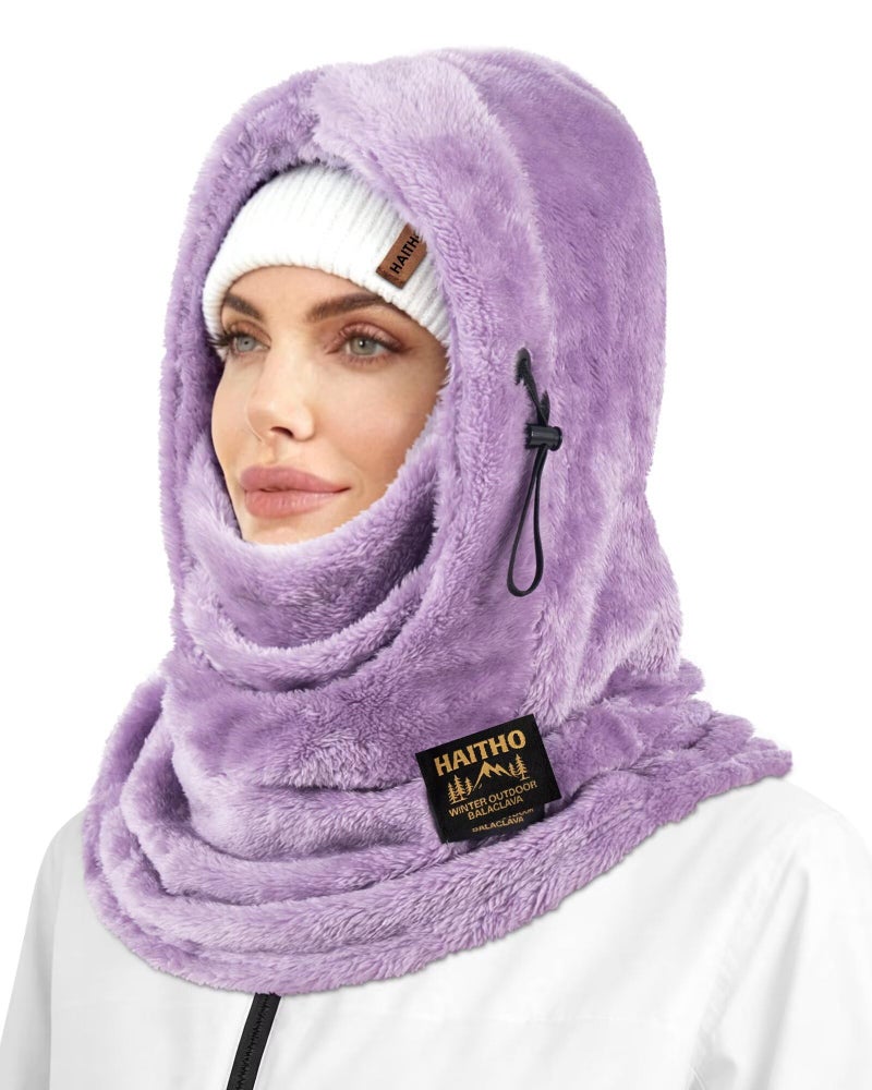 HAITHO Ski Mask Balaclava for Women Men, Winter Full Face Mask Hooded Scarf for Cold Weather, Warm Fleece Head Cover Neck Warmer, Purple, One size - Image 1