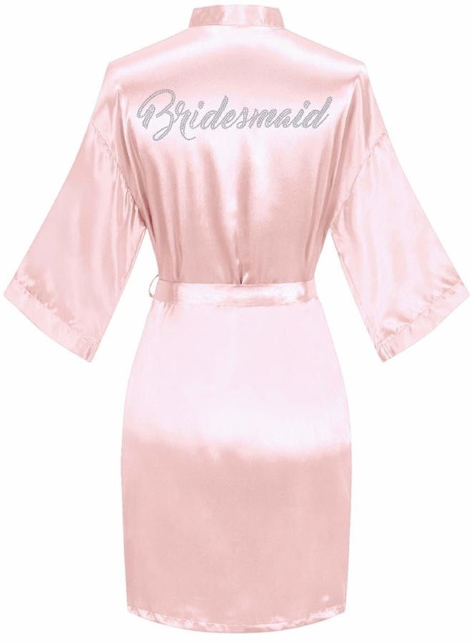 sunshinemall Women's Satin Kimono Robes with Rhinestones Bride Bridesmaid Short Getting Ready Wedding Dressing Gown, Bridesmaid-pink, Small-Medium - Image 1